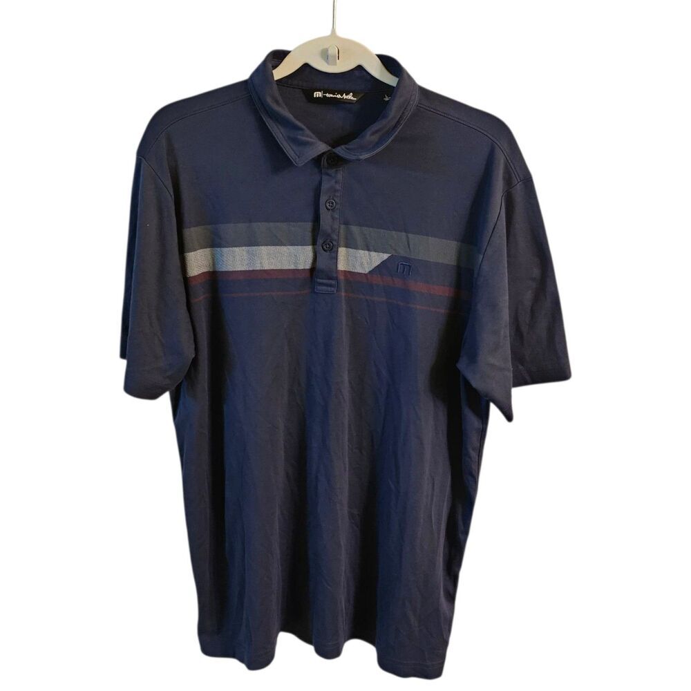 Travis Mathew Nash Polo Shirt Mens Large Navy Blue Striped Golf Performance